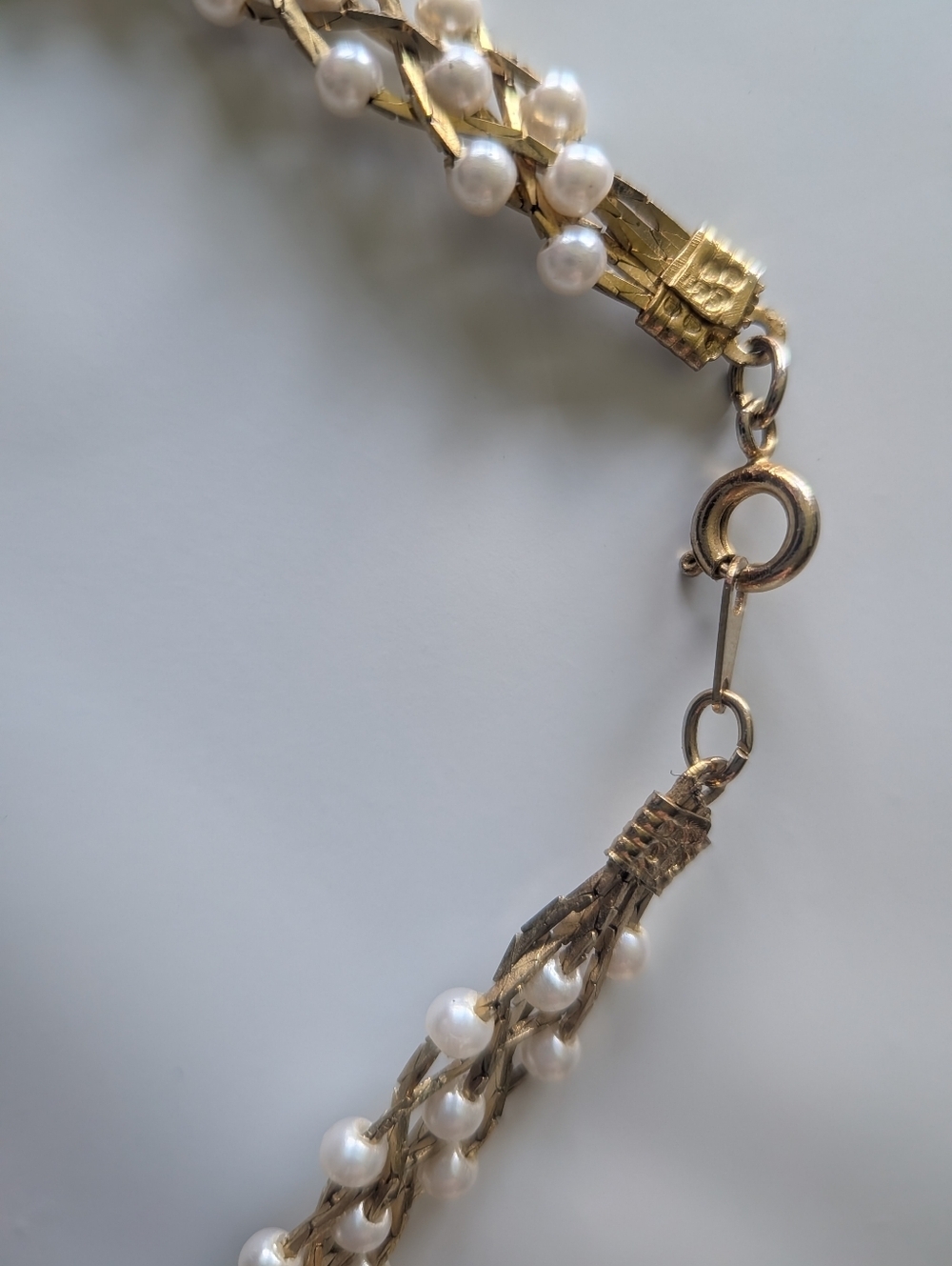 Triple Strand Gold Woven Faux Pearl Necklace - Picture 4 of 8